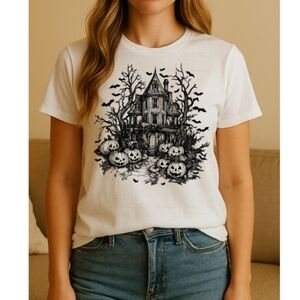 Bella+Canvas White Halloween Haunted House Tee